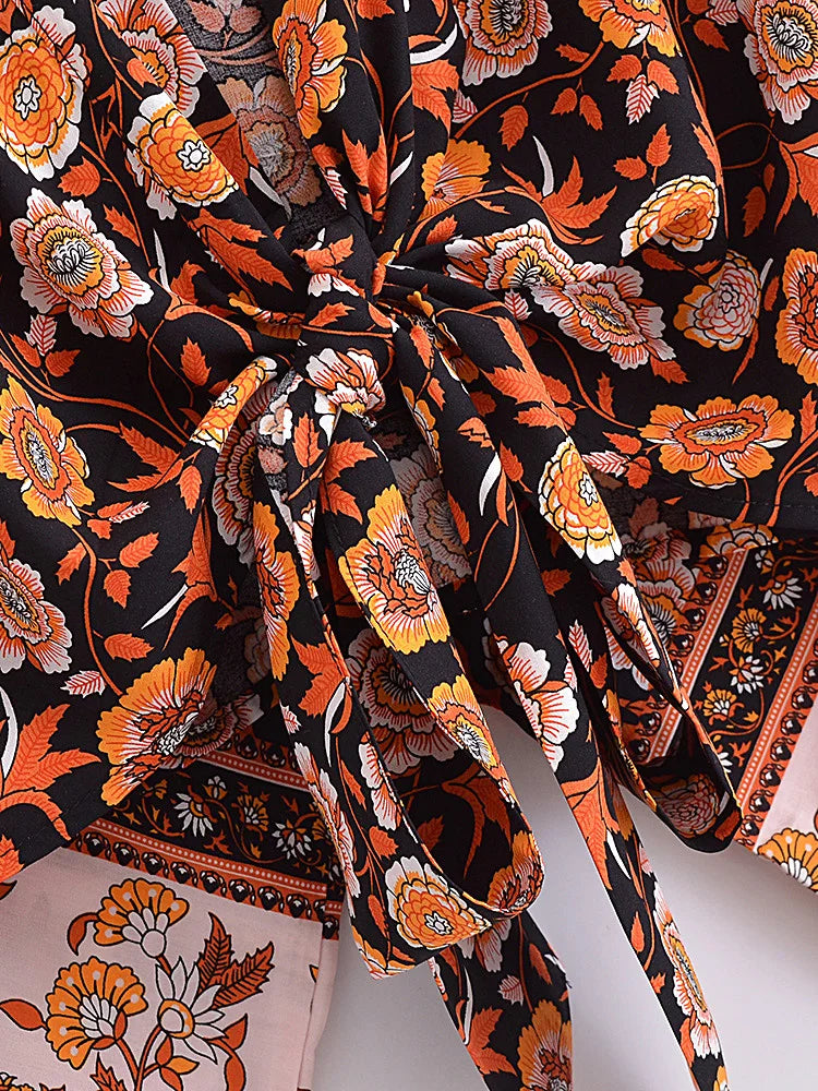 Vintage Women Fashion Boho Kimono Short Robe Swimsuits Floral Batwing Sleeves Rayon Bohemian Bikini Cover Ups Beachwear