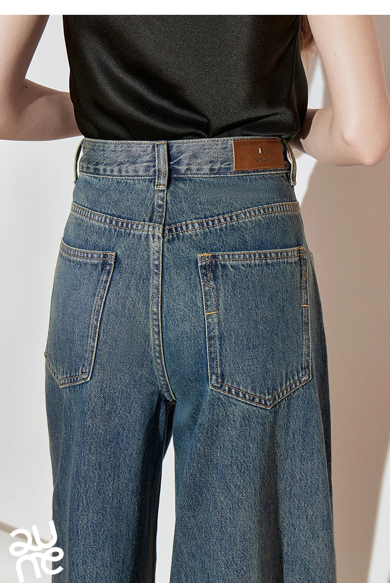 TOYOUTH Women Denim Jeans 2025 Spring New High Street Retro Pure Cotton Wide Leg Long Pants