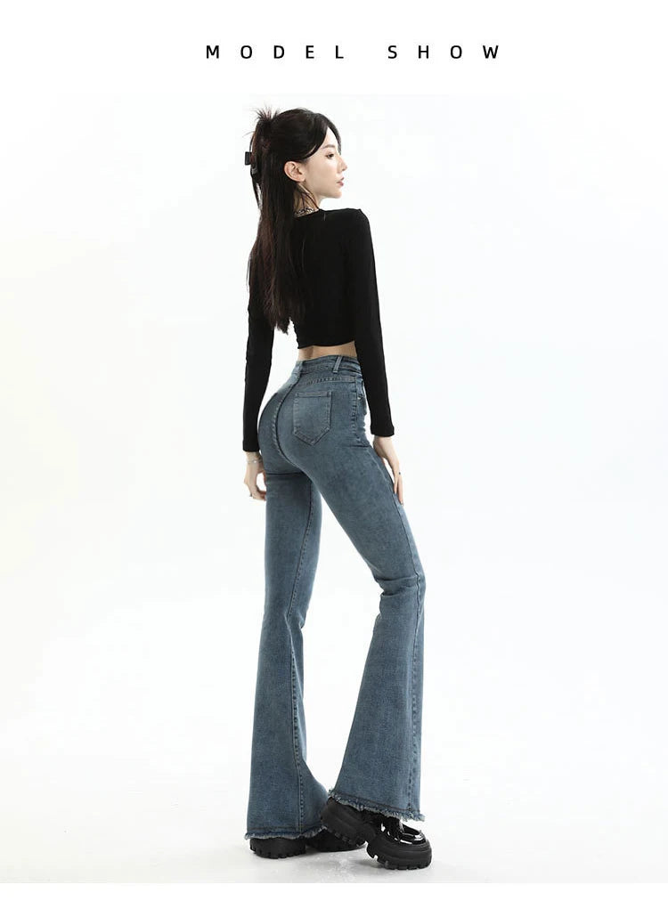 BIVIGAOS 2025 New Autumn Spring Micro Flared Jeans Women High Waist Slim Tight Retro Tassel Hem Stretch Denim Horseshoe Pants