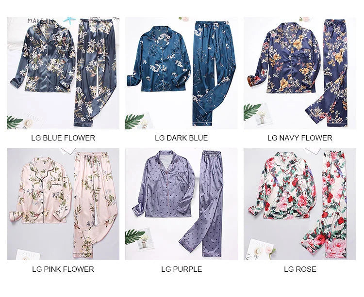 Spring Autumn pajama women Silk Satin pajamas set Long sleeve Shirt with Trouser Sleepwear Loungewear Female Pyjamas Suits Mujer