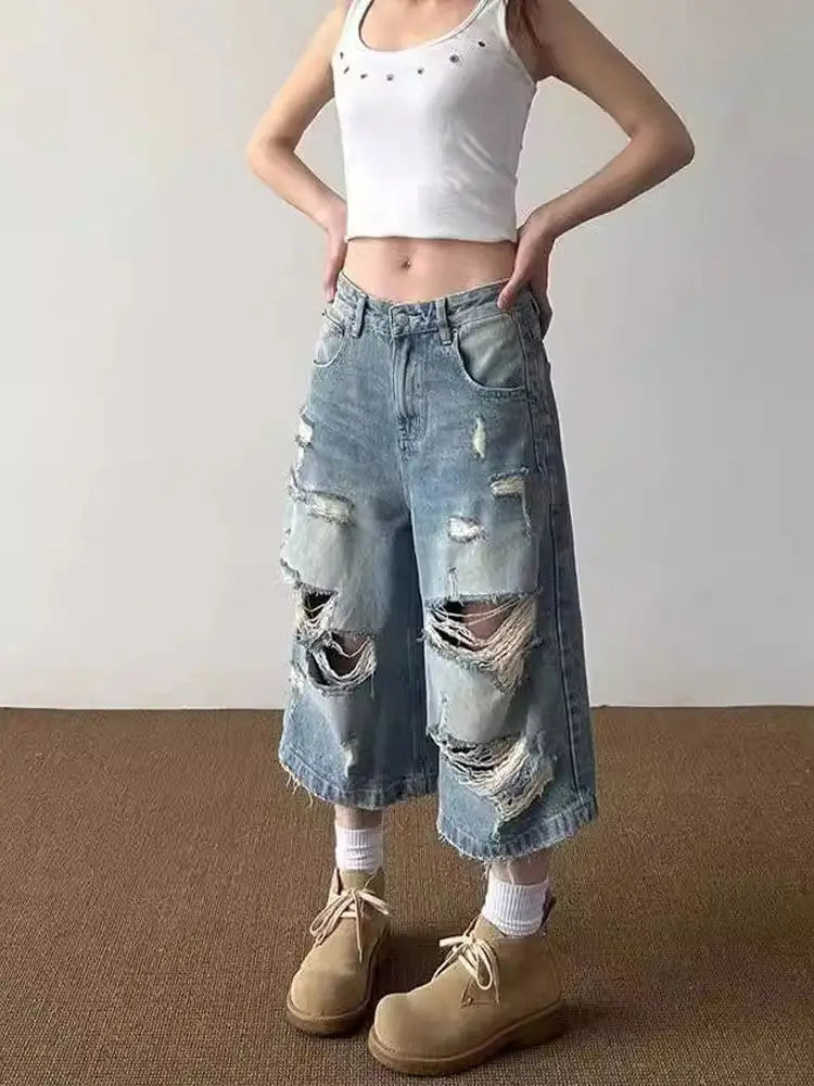 HOUZHOU Vintage Ripped Baggy Short Jeans Women Grunge Distressed Oversized Jorts Y2k Retro Punk Streetwear Wide Leg Denim Shorts
