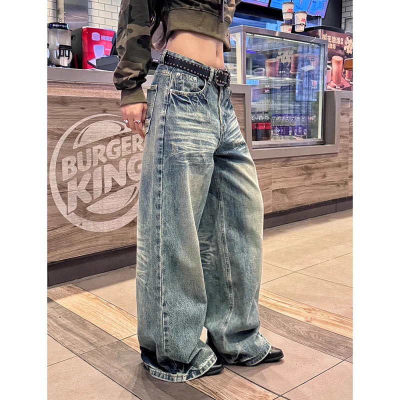 Blue Women's Jeans Hip-hop Fashion Vintage Streetwear Y2K Wide Leg Straight Jean High Waist Trouser Classic Baggy Denim Pants