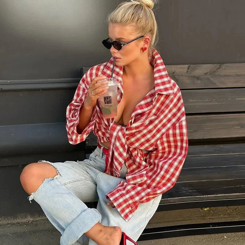 Women's Fall Summer 2025 New Fashion Retro Lapel Plaid Loose Red Long Sleeve Shirt Top