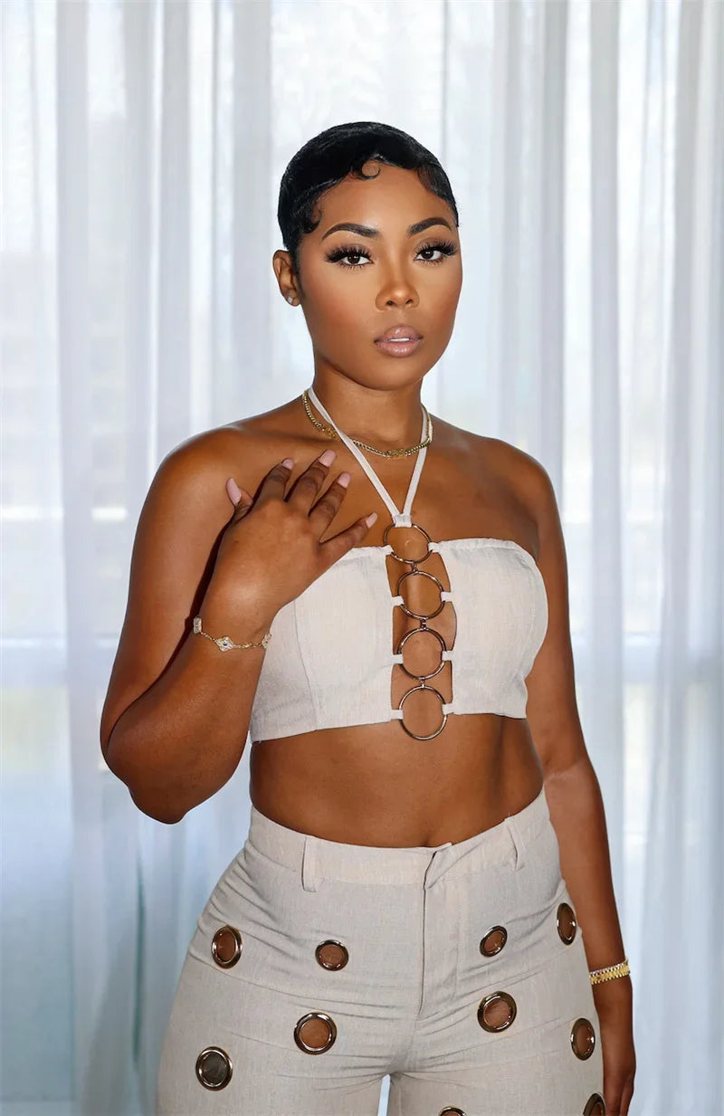 Sexy Night Party 2 Piece Sets Women Outfit Clubwear Festival Clothing Halter Strapless Crop Top and Hollow Out Wide Leg Pants