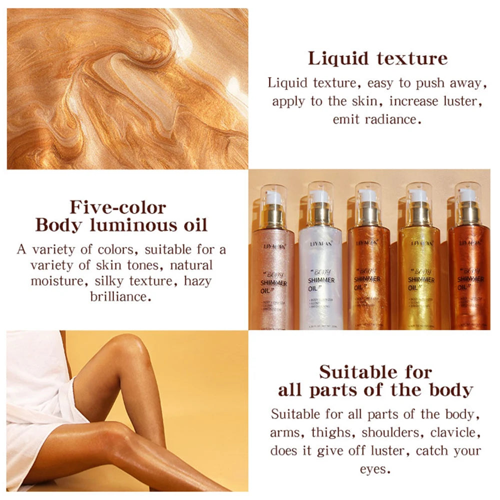 100ml Body Shimmer Oil Highlighter Face Brighten Glitter Bronzer Pearl White Rose Gold Skin Glow Illuminator Makeup Shine Liquid