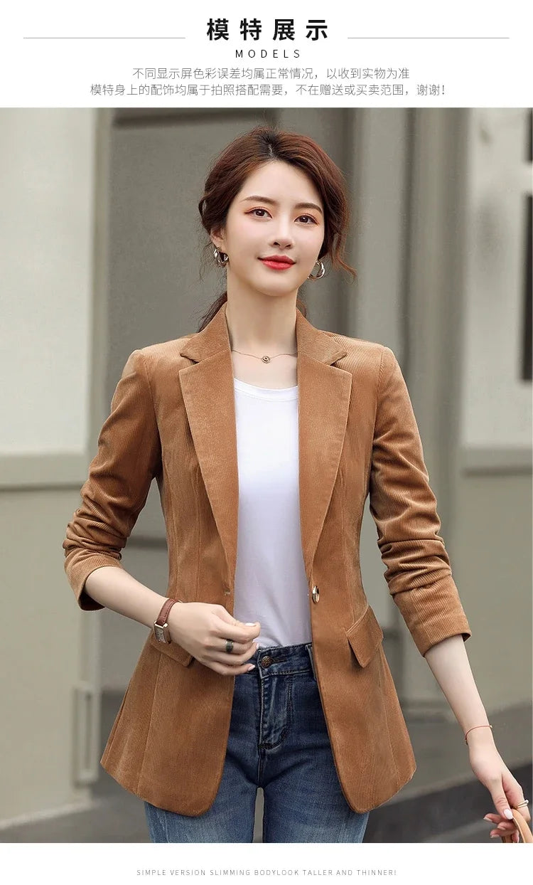 Women's Long-Sleeved Corduroy Jacket, Casual Small Suit, Formal Wear, Slim, Slimming Monochromatic, Fashion, Spring, Autumn, New