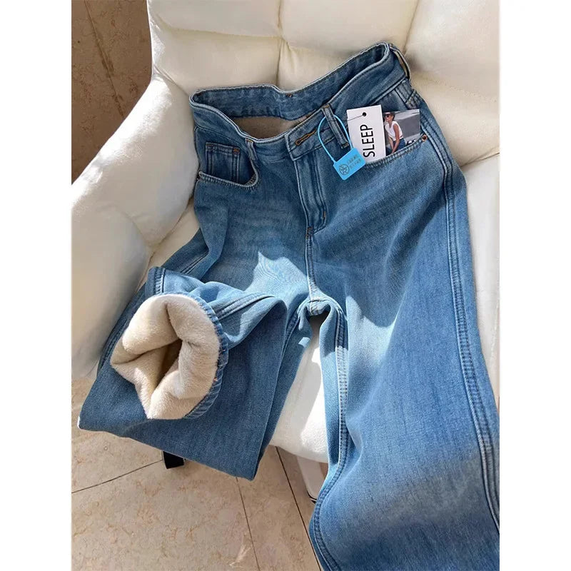 Thickened Fleece High Waist Straight Leg Jeans Women Winter New Style Loose Slim Wide Leg Pants Floor-Length Trousers