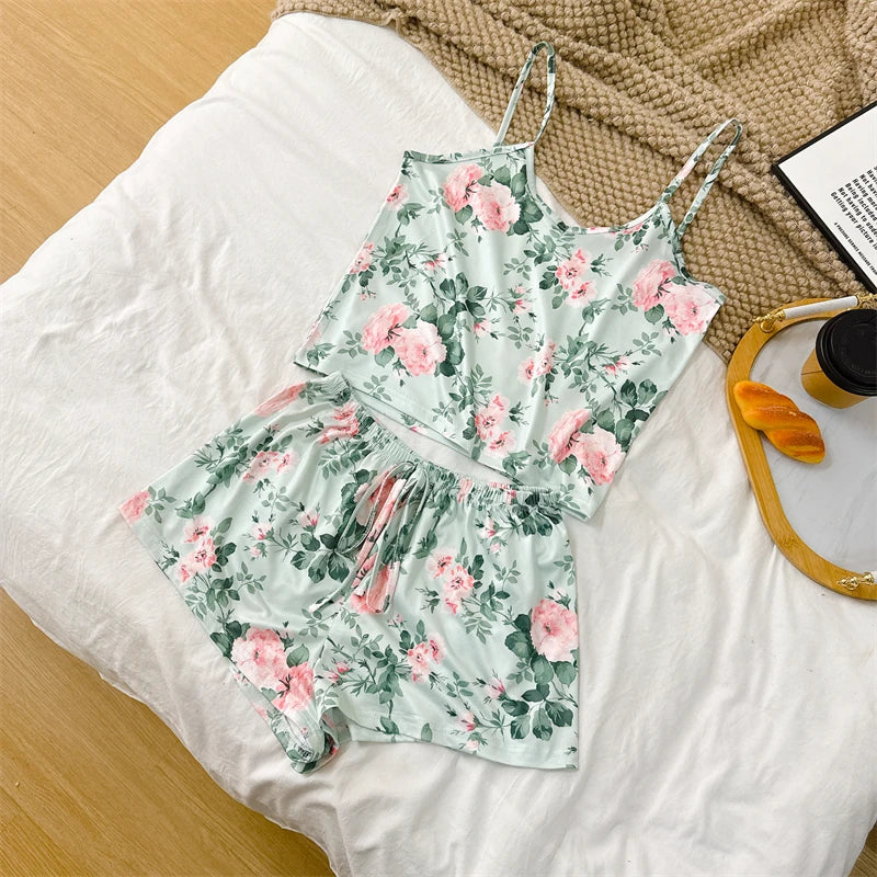 Summer Women's Cherry Print Pajama Set Sexy Ice Silk Sleeveless Vest and Shorts Girls Casual Cute Printed Sleepwear for Lounging