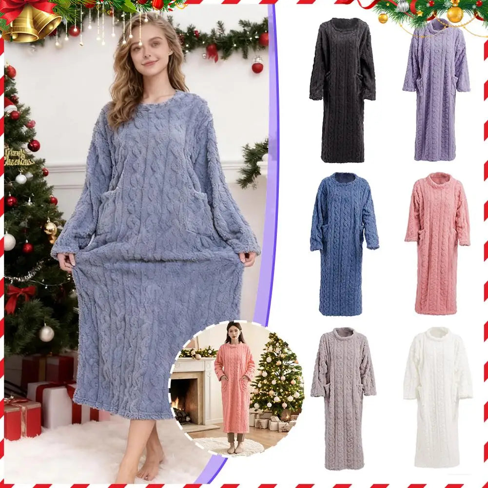 Coral Velvet Women's Nightgown Autumn And Winter Long Sleeve Double Pocket Flannel Nightgowns Women Loose Solid Sleepwear