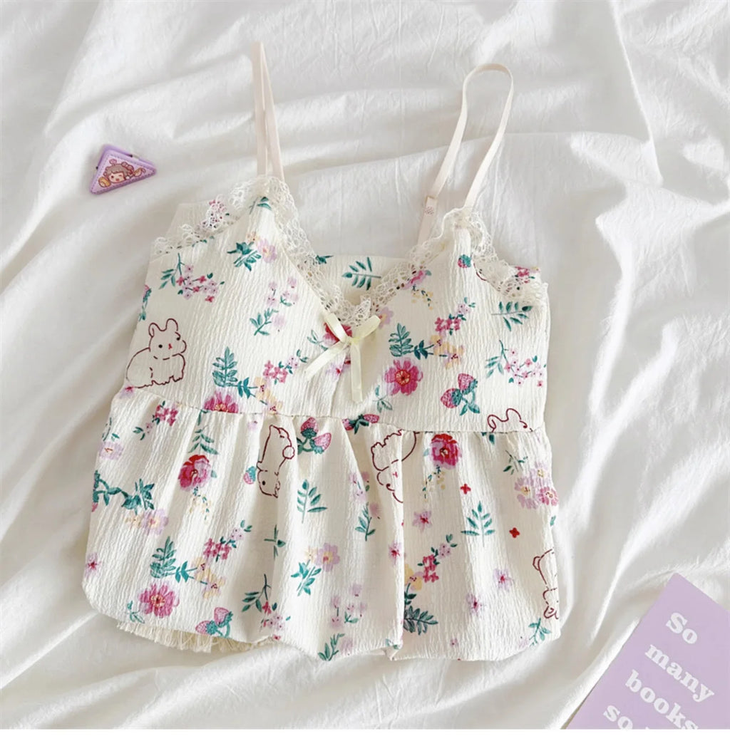 With Chest Cushion Halter Nightgown Female Summer Floral Breathable Thin Section of the Princess Style Loose Knee-Length Pajamas