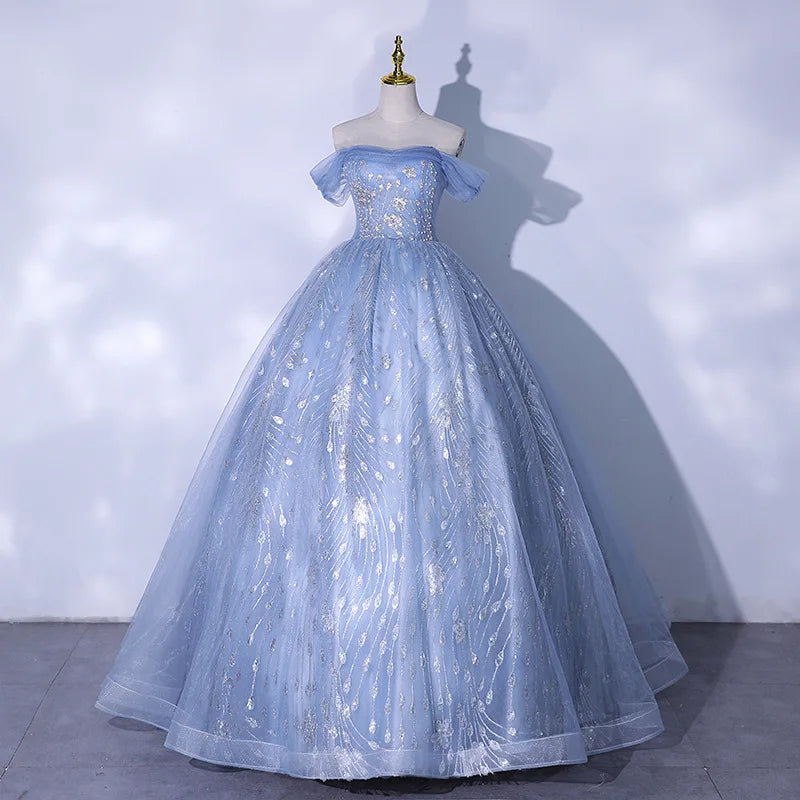 One Shoulder Evening Dress 2026 Summer New Haze Blue Vocal Art Exam Piano Performance Puffy Skirt Annual Meeting Evening Dress