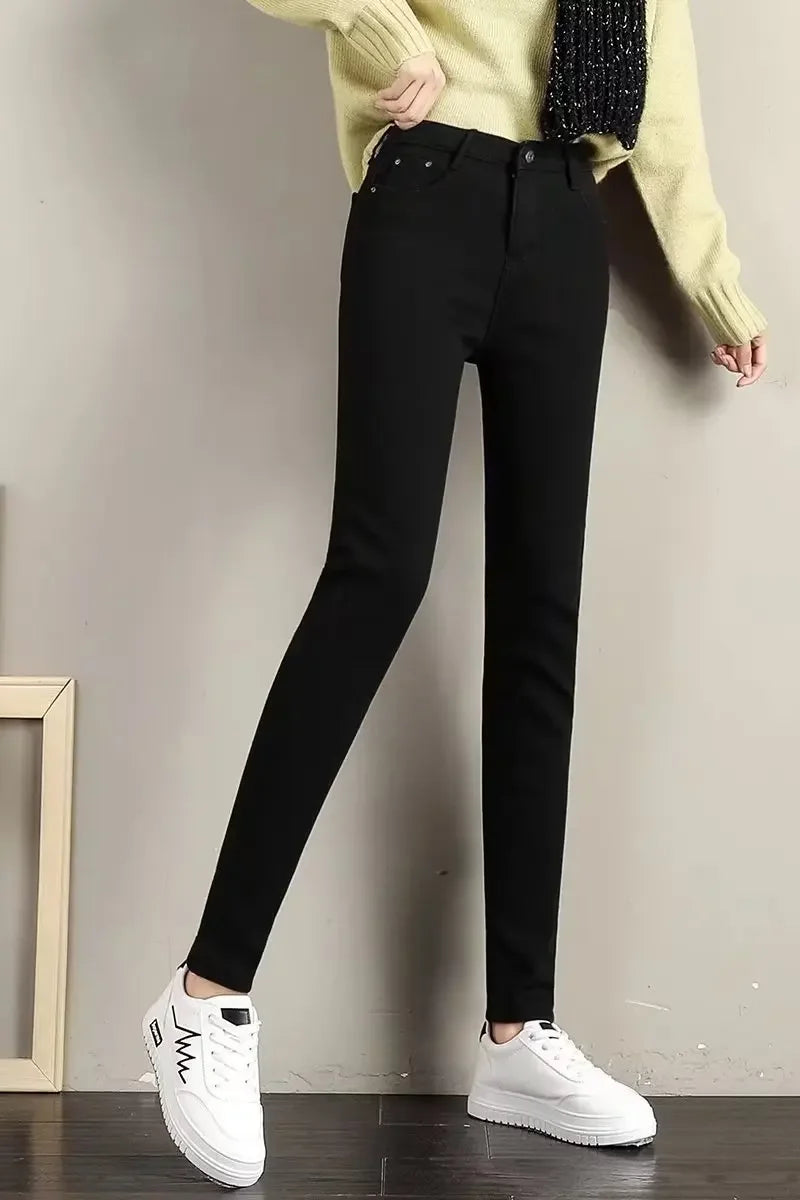 High Waist Fleece Lined Skinny Jeans Women's Autumn Winter New Style Pure Color Slimming Tight Fit Ankle Length Pants