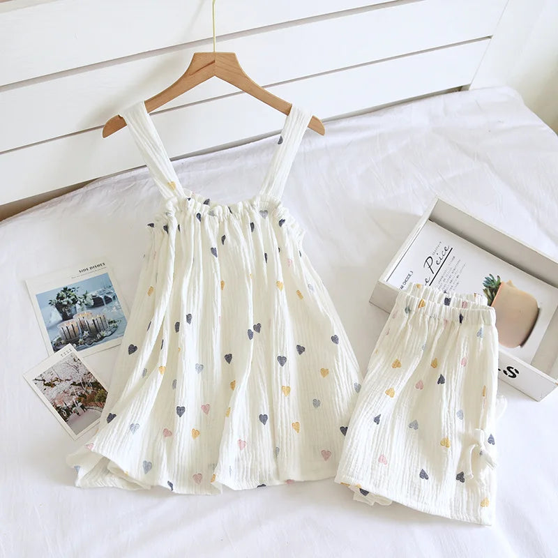 Fdfklak Pijamas Sexy Mujer Summer Sleeveless Gauze Cotton Women's 2 Piece Set Pyjamas Elegant New Soft Home Nightwear