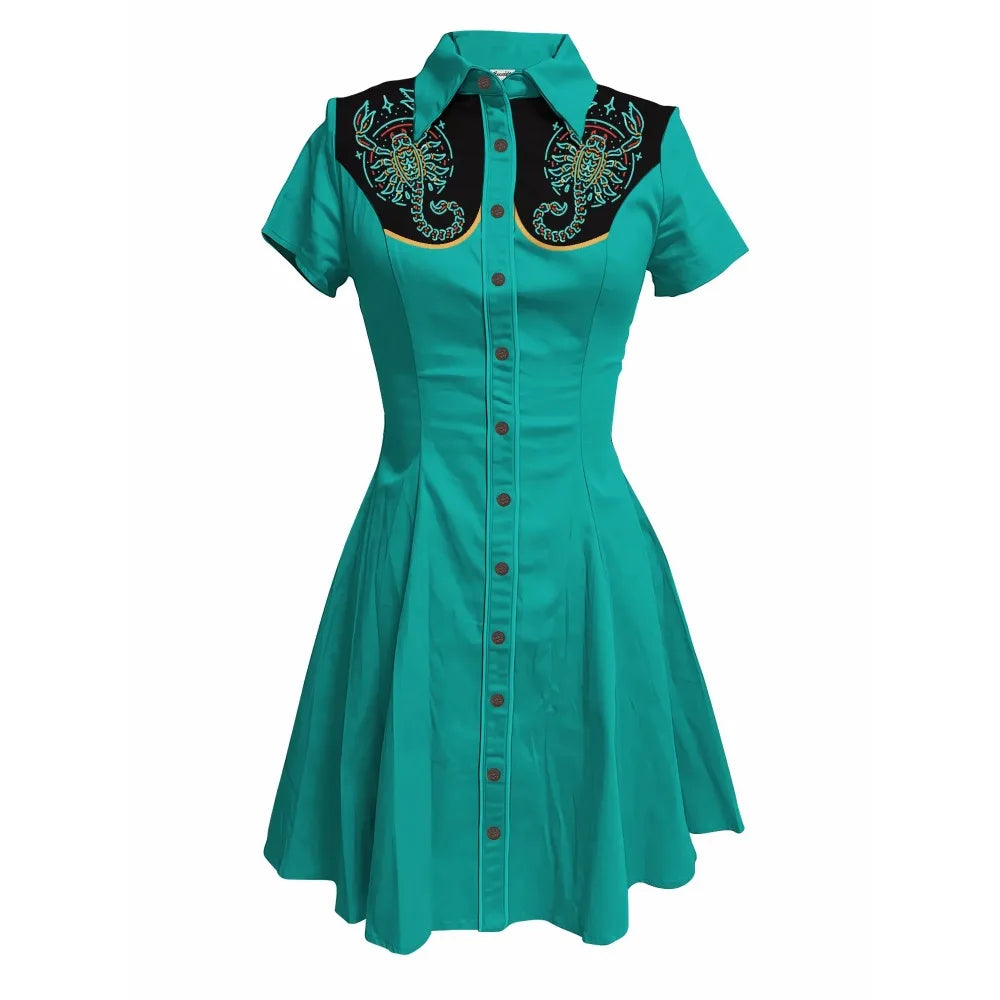 Flowers and Scorpions Printed Western Cowboy Dress for Women Sexy Girly Button-down Dress Short Sleeves 100% Cotton Summer Dress