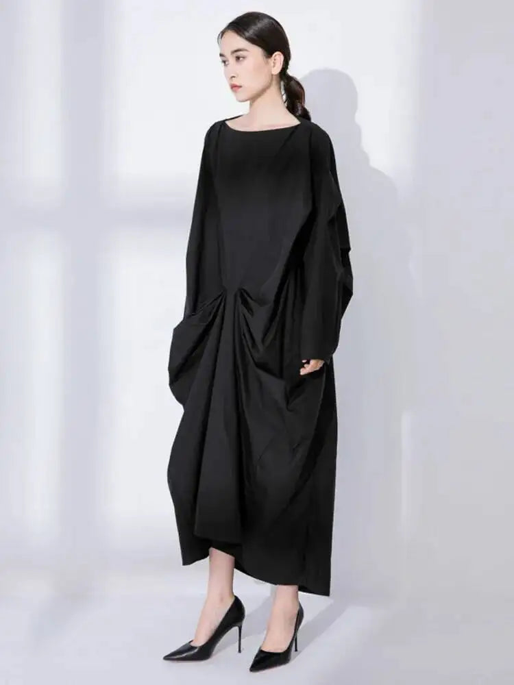 EAM Women Black Big Size Irregular Pleated Dress New Round Neck Long Sleeve Loose Fit Fashion Tide Spring Autumn 2026 31A0020