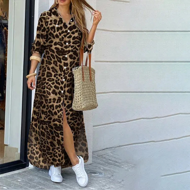 Camouflage Leopard Letters Floral Printed Dresses for Women 2025 Buttons Long Sleeve Loose Split Casual Solid Maxi Dress Robe