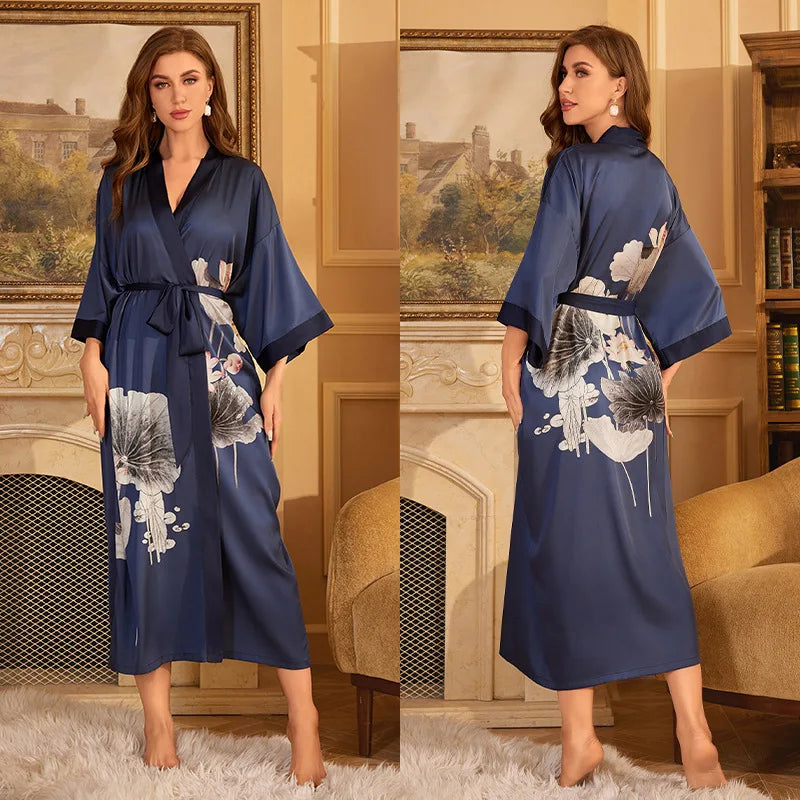 Print Flower Female Long Robe Sleepwear Japanese Kimono Bathrobe Gown Spring Summer Satin Nightgown Loose Casual Home Dress Wear