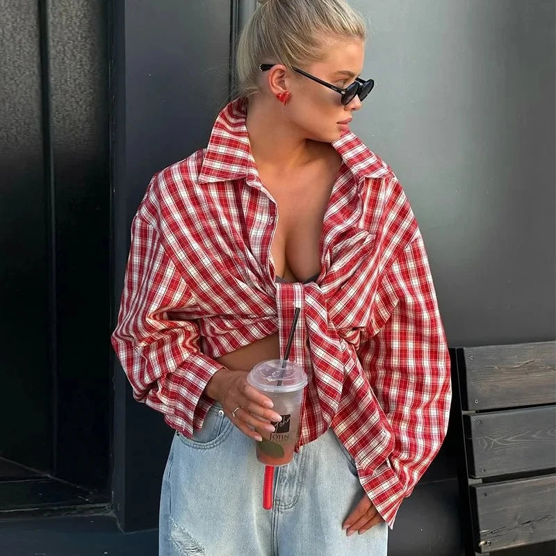 Women's Fall Summer 2025 New Fashion Retro Lapel Plaid Loose Red Long Sleeve Shirt Top