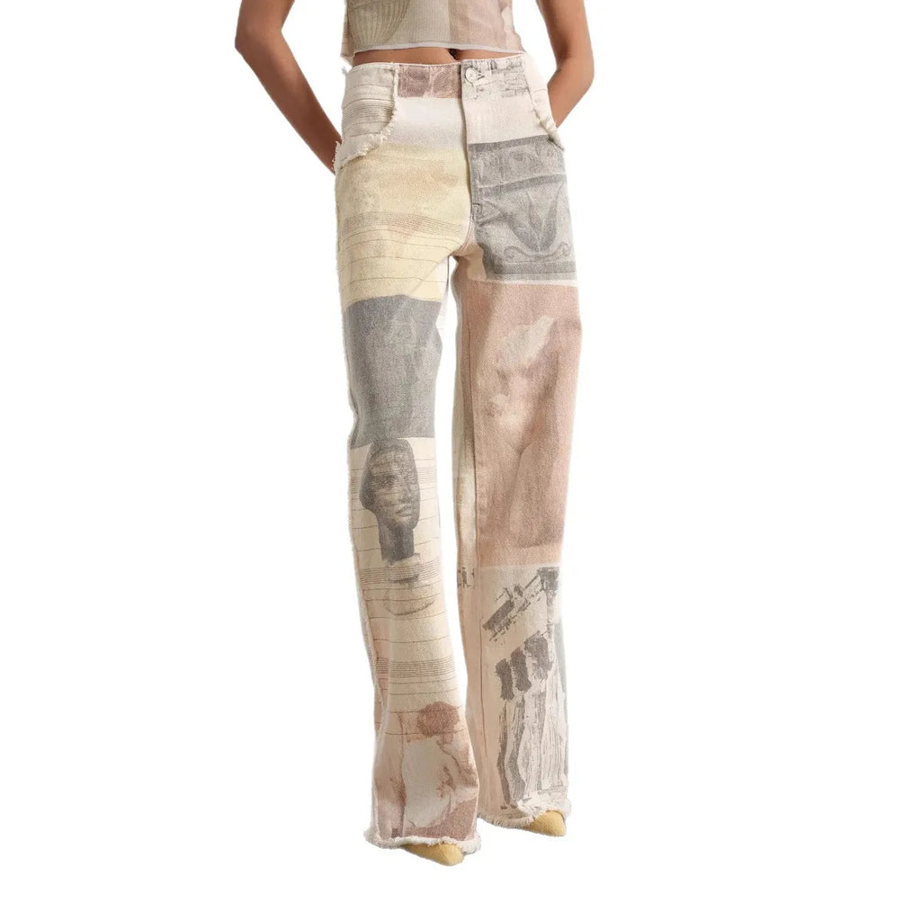 Women's Off White Wide Leg Jeans American Retro Loose Fit Printed Design Floor Length Denim Pants High Waist Trousers