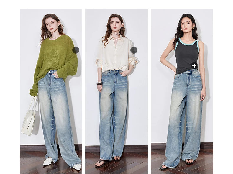 TOYOUTH Women Denim Jeans 2025 Spring New Mid Waist Wide Leg Straight Casual Long Pants