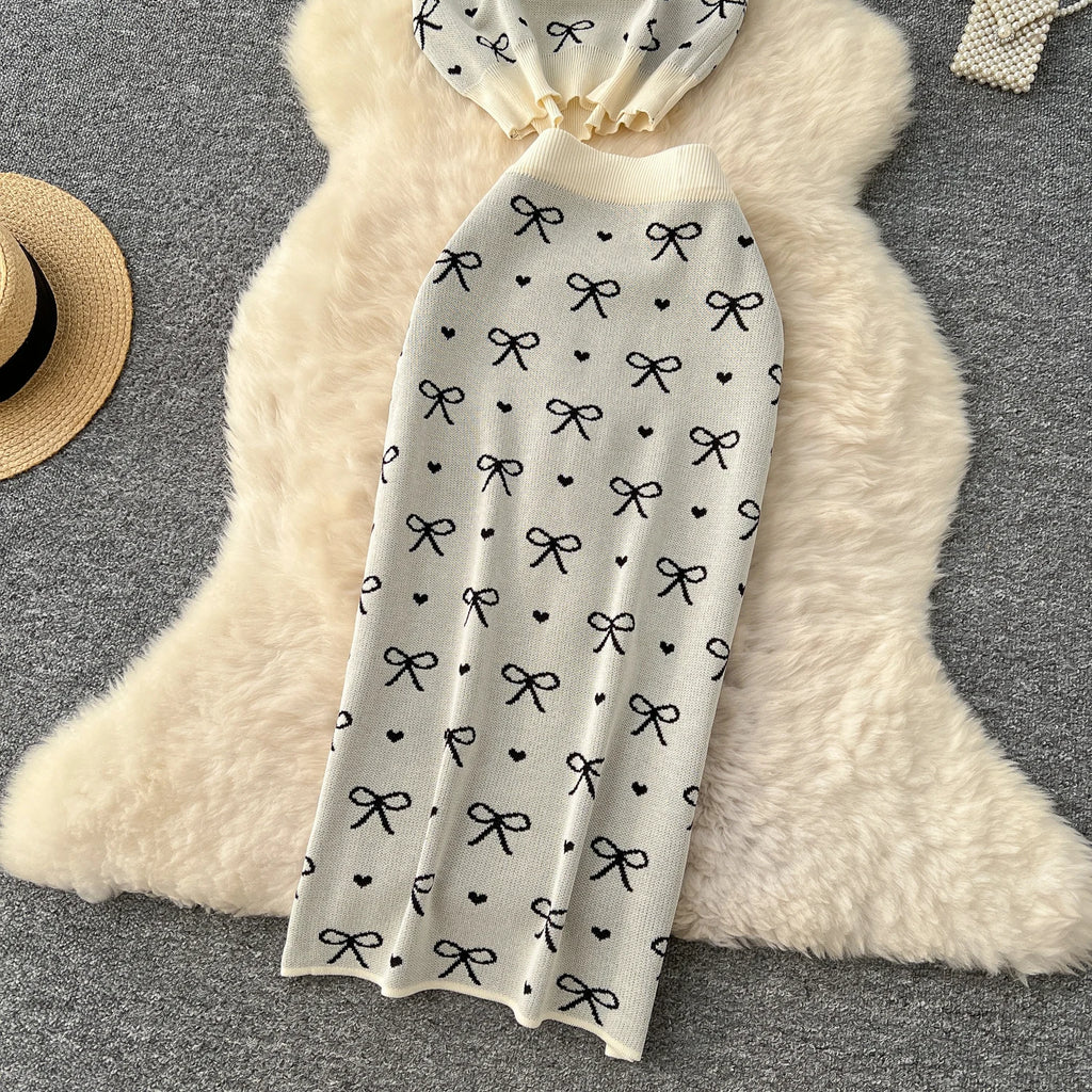 SINGREINY Newest Summer Knitting Suits O Neck Basic Tops+High Waist Sheath Long Skirt Bow Print Chic Casual Women 2pcs Sets
