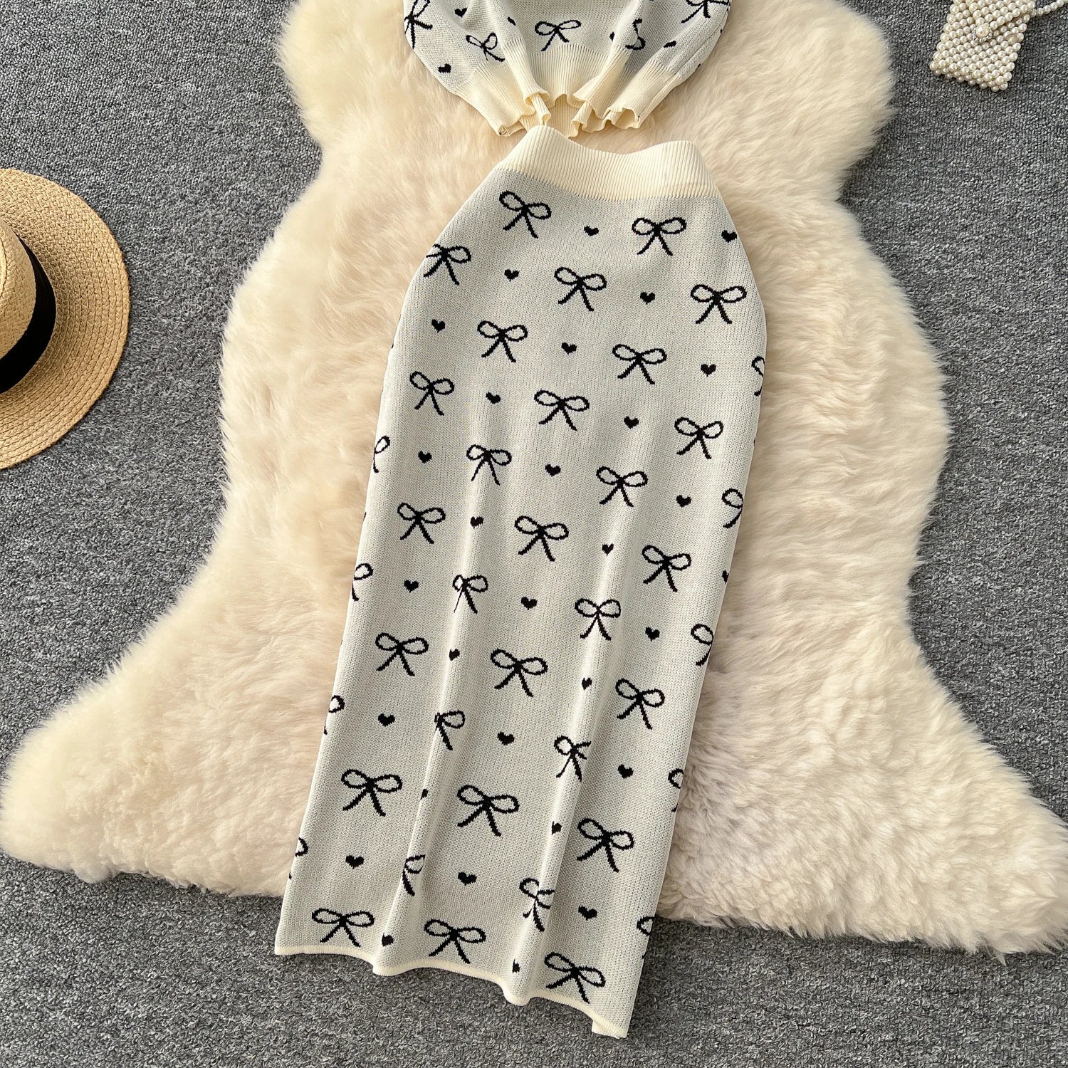 SINGREINY Newest Summer Knitting Suits O Neck Basic Tops+High Waist Sheath Long Skirt Bow Print Chic Casual Women 2pcs Sets