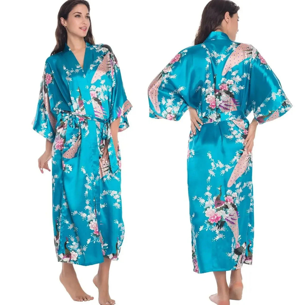 Oversize Female Long Robe Dress Homewear Print Flower Kimono Bathrobe Gown Summer Sleepwear Nightgown Loose Satin Loungewear