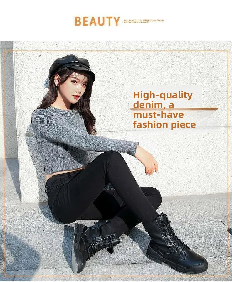 High Waist Women's Skinny Jeans Elastic e ey Slimming Versatile Long Pants Korean Sle Cotton Stretch Denim