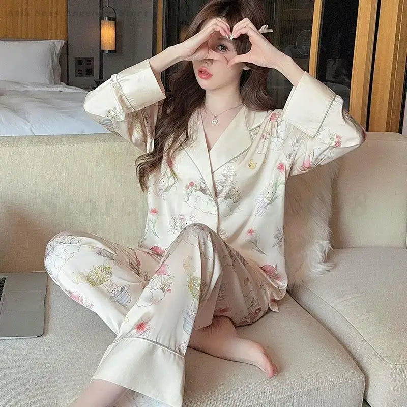 Silk Satin Female Pajamas Sleepwear 2PCS Set Fashion Print Flower Home Clothes Trouser Suits Spring New Loose Casual Nightwear