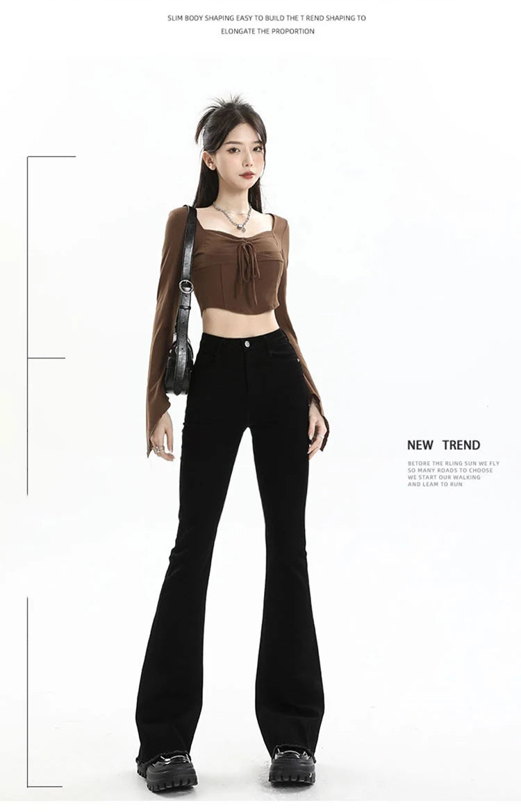 BIVIGAOS 2025 New Autumn Spring Micro Flared Jeans Women High Waist Slim Tight Retro Tassel Hem Stretch Denim Horseshoe Pants