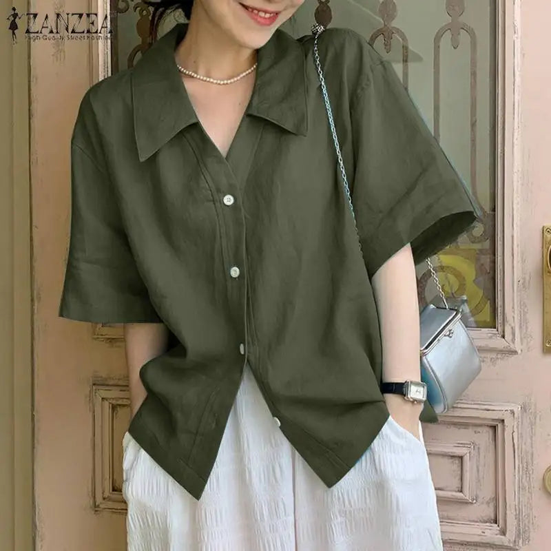 2023 ZANZEA Summer Shirt Women Blouses Turn-Down-Collar 3/4 Sleeved Buttons Up Blouse Loose Tops OL Shirts Solid Blusas Tunic