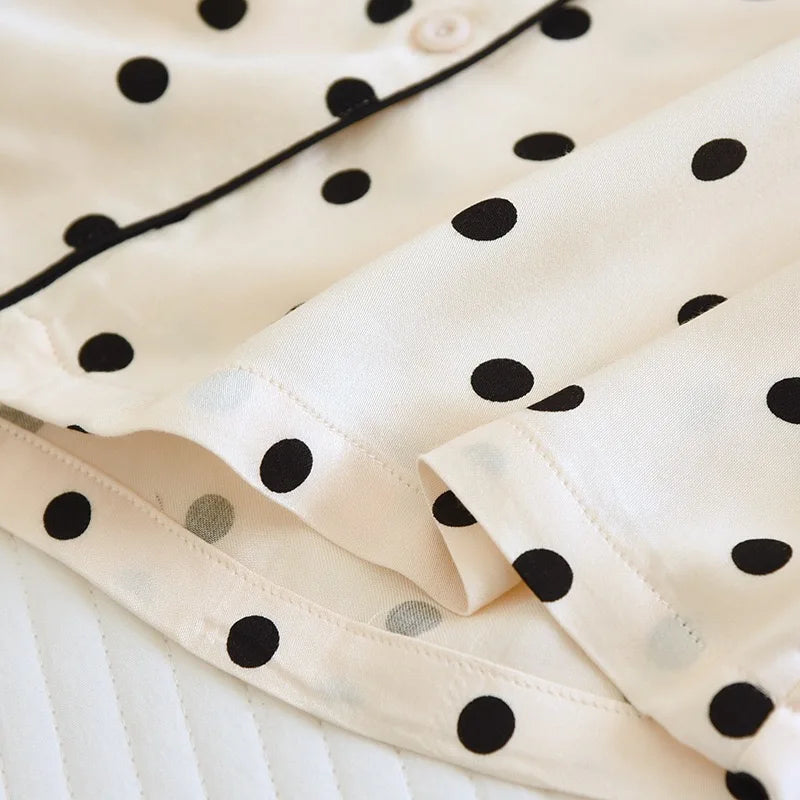 2023 Spring/Summer New Women's Pajama Set Gongsatin Cotton Women's Pajama Silk 100% Viscose Polka Dot Print Sleepwear 2-Piece