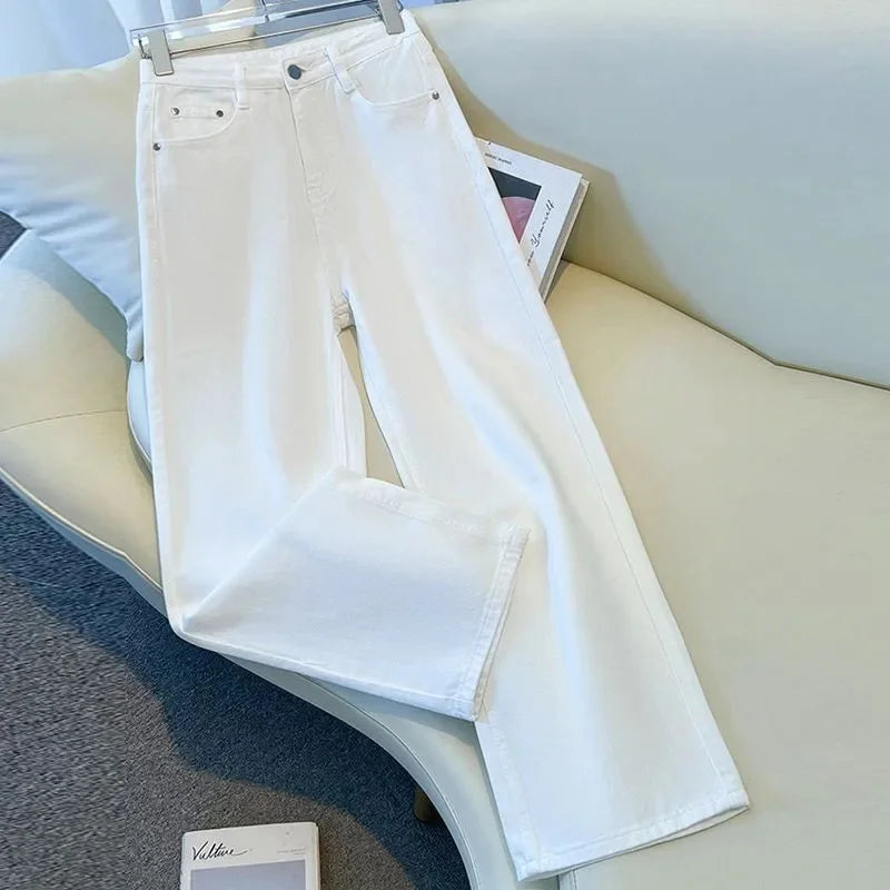 Korean 2026 White Wide-leg Jeans Women's Spring Summer New High Waist Loose Wild Straight Denim Pants Lady Cowboy Trousers