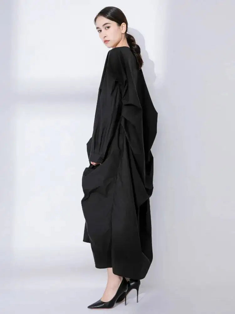 EAM Women Black Big Size Irregular Pleated Dress New Round Neck Long Sleeve Loose Fit Fashion Tide Spring Autumn 2026 31A0020