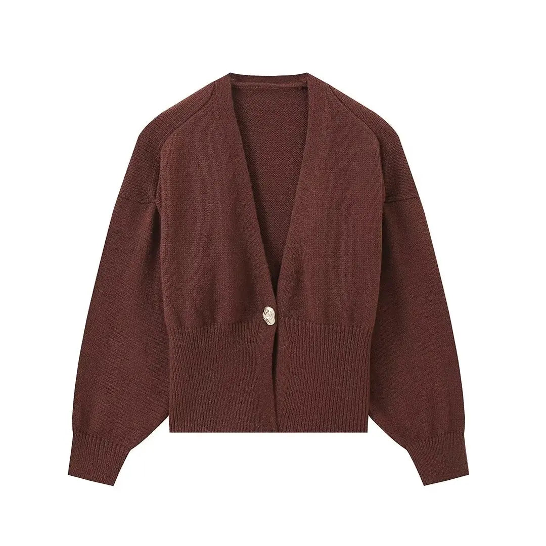HH Woman Autumn Long Sleeves Slim Casual Sweater High Street Coat Women Solid Single Button Deep V-Neck Knitted Cardigan