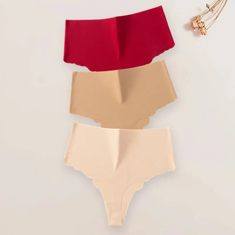 3Pcs/Set High-Waist Women's Panties Thongs Plain Slip Silk Wave Edged Fashion Seamless Female Underwear G-String for Ladies XS-L