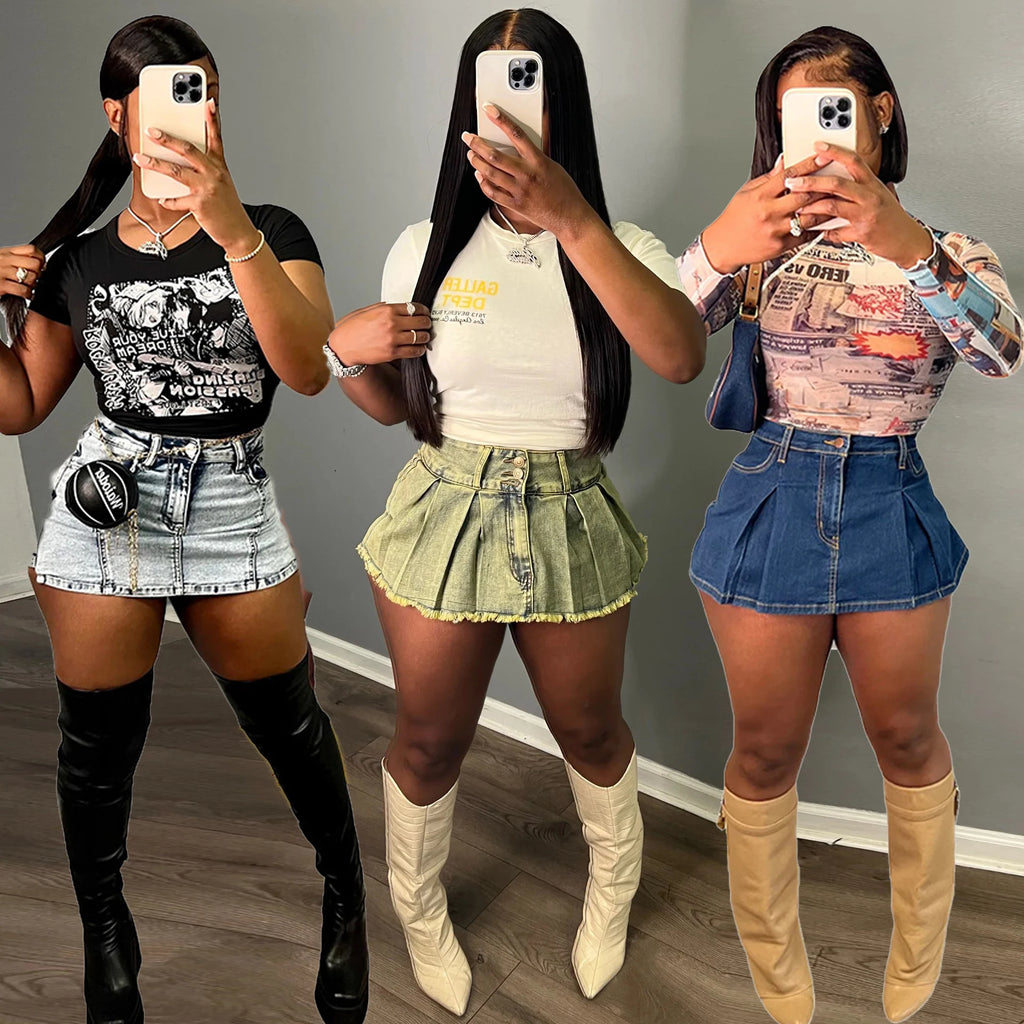 Denim Shorts Pleat Skirts Women Cargo Pant High Waist 2025 Winter Clothes Y2K Streetwear Denim Jean Short Tie Dye Pants Skort