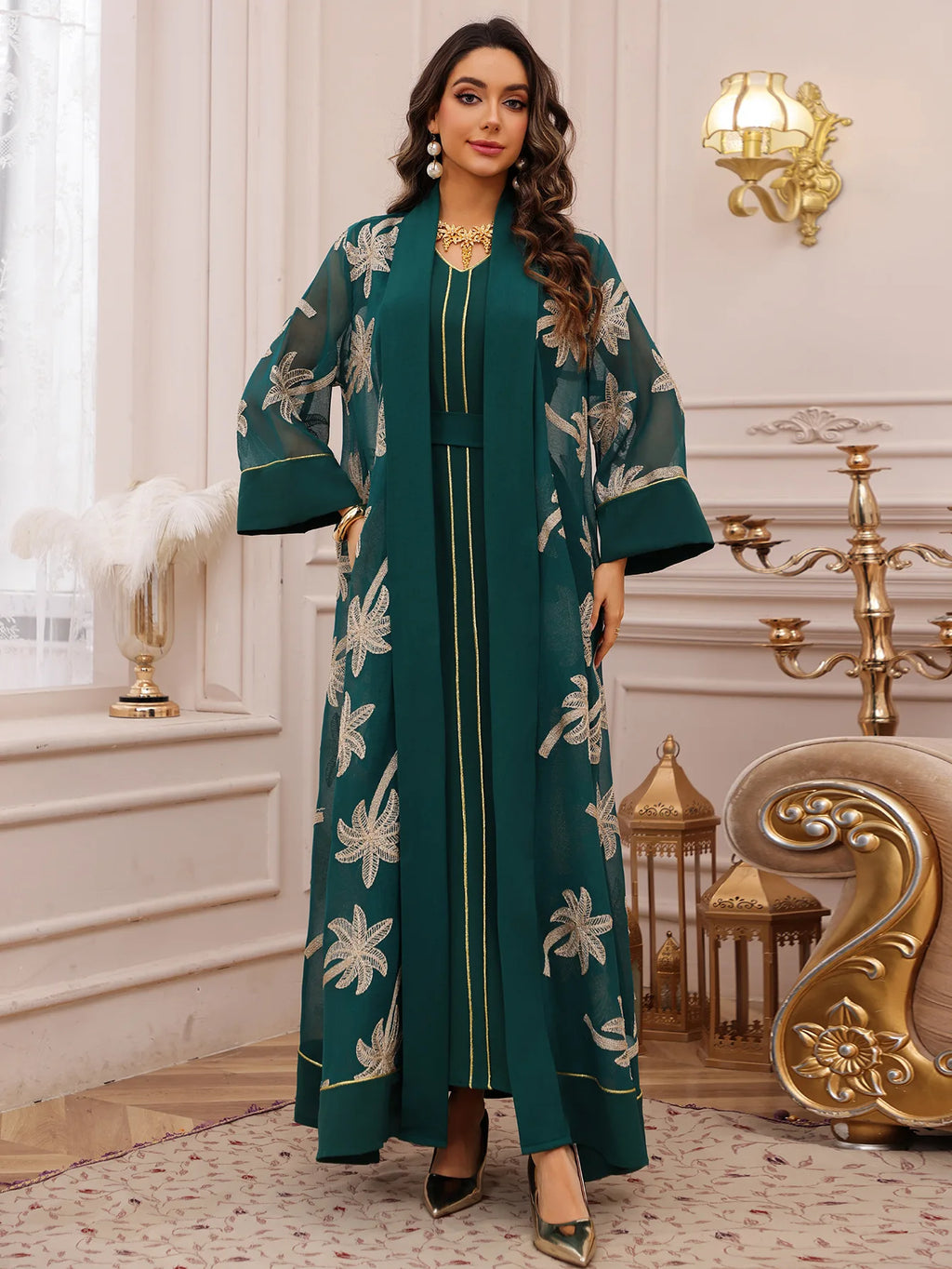 Eid Women Dress Muslim Abaya 2 Piece Set Musulman Ensembles Party Jalabiya Ramadan Abayas Vestidos Largos Kaftan Arab Long Robe