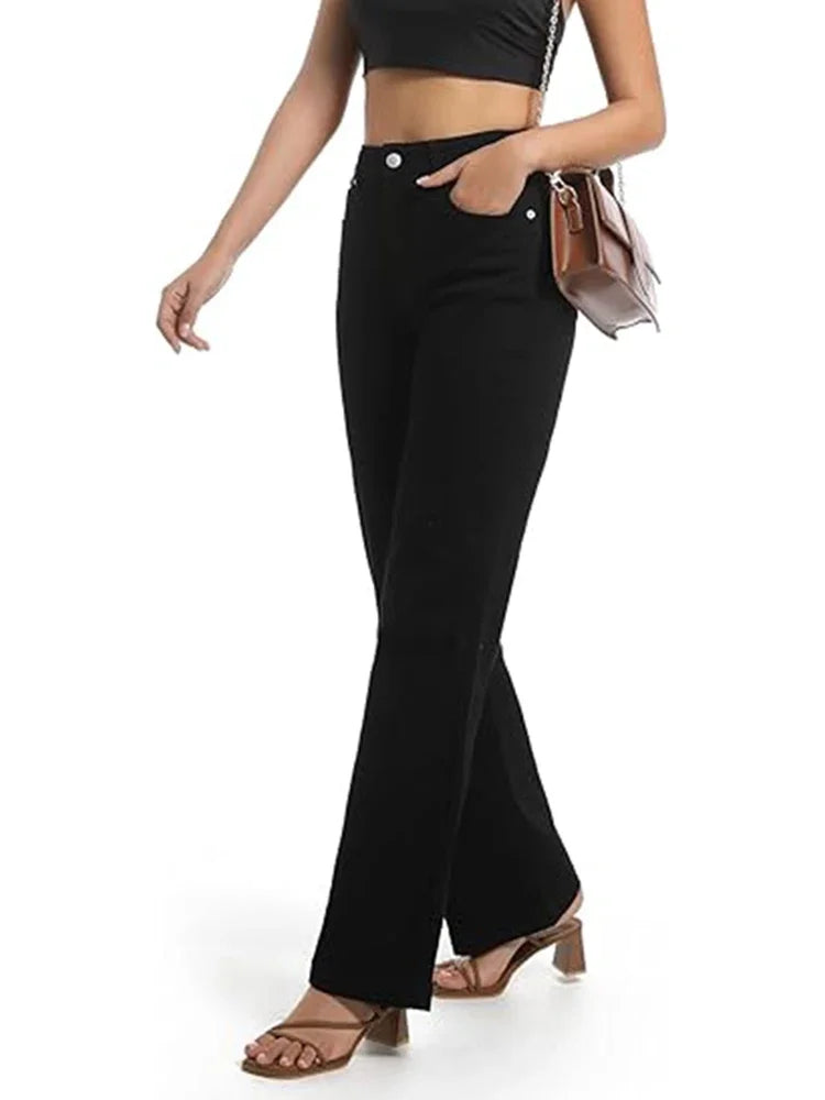 Women High Waist Straight Leg Jeans Female Comfortable Stretch Basic Denim Pants Woman Classic Cheap Black Gray White Trousers