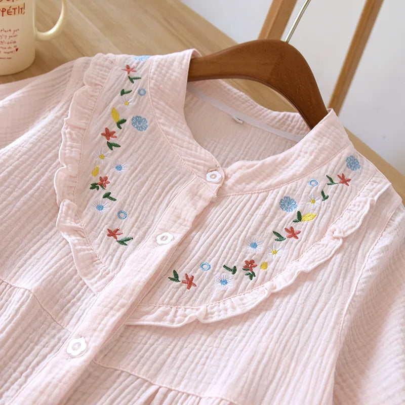Pure Cotton Womens Pyjamas Set Embroidery Print Home Suits Pyjama Short Sleeve Pajamas 2023 Summer New 2Pcs Sleepwear