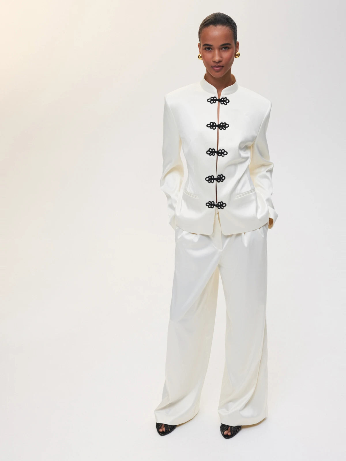 DFDG Women's Spring Summer Satin Mandarin Collar Knot Button Blazer Chic Formal Casual Wear 2026 Trendy Feminine Fashion Coat