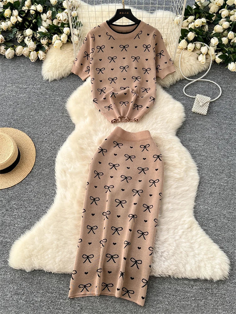 SINGREINY Newest Summer Knitting Suits O Neck Basic Tops+High Waist Sheath Long Skirt Bow Print Chic Casual Women 2pcs Sets