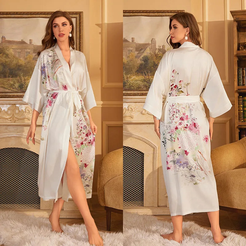 Print Flower Female Long Robe Sleepwear Japanese Kimono Bathrobe Gown Spring Summer Satin Nightgown Loose Casual Home Dress Wear