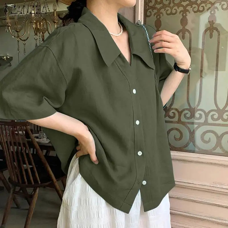 2023 ZANZEA Summer Shirt Women Blouses Turn-Down-Collar 3/4 Sleeved Buttons Up Blouse Loose Tops OL Shirts Solid Blusas Tunic