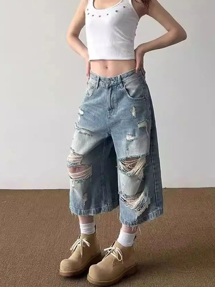 HOUZHOU Vintage Ripped Baggy Short Jeans Women Grunge Distressed Oversized Jorts Y2k Retro Punk Streetwear Wide Leg Denim Shorts