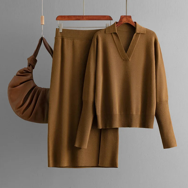 Autumn Winter Fashion Women's Casual Trendy Solid Color Elegant Loose Knitted 2 Piece Sets Turn-down Collar Tops Skirts Clothes