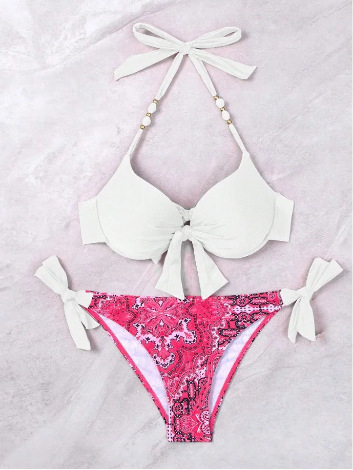 2026 Push Up Halter Bikini Printed Swimsuit Women Sexy Strappy Swimwear Female Bathers Bathing Swimming Swim Suit Beachwear