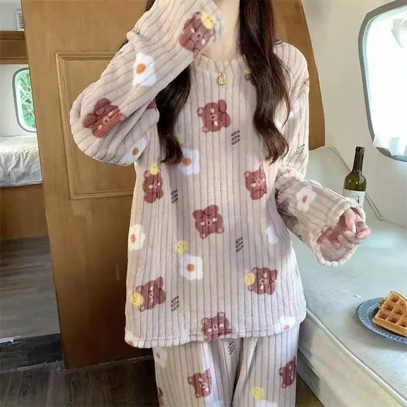 2 Piece Set Warm Sleepwear for Winter Women Printed Bear Coral Velvet Pajamas Student Flannel Loungewear Round Neck Nightwear