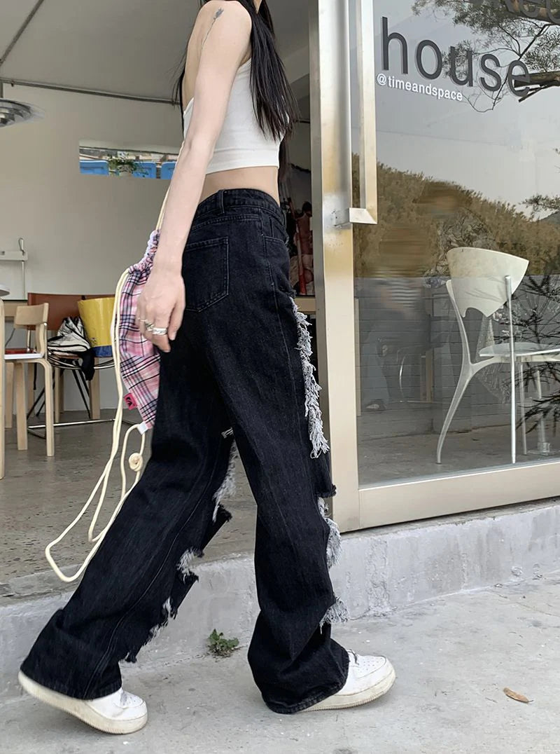 Zoki Hip Hop Hole Jeans Women Y2K Streetwear Harajuku Hollow Out Denim Pant American Retro High Waist Female Straight Trousers