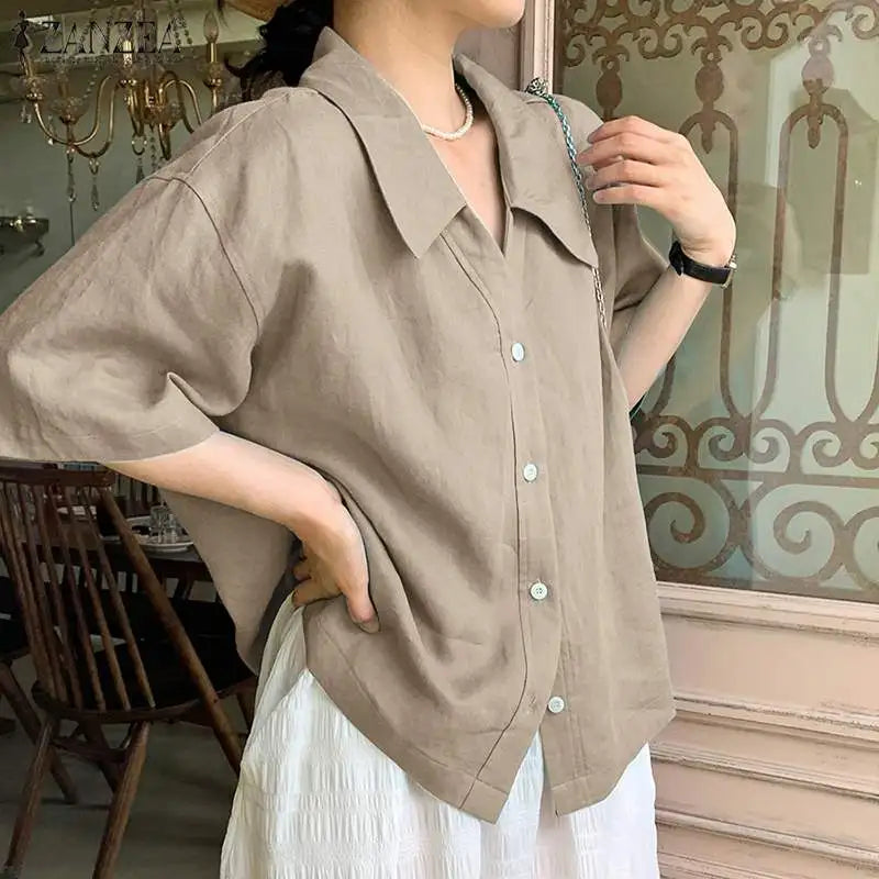 2023 ZANZEA Summer Shirt Women Blouses Turn-Down-Collar 3/4 Sleeved Buttons Up Blouse Loose Tops OL Shirts Solid Blusas Tunic